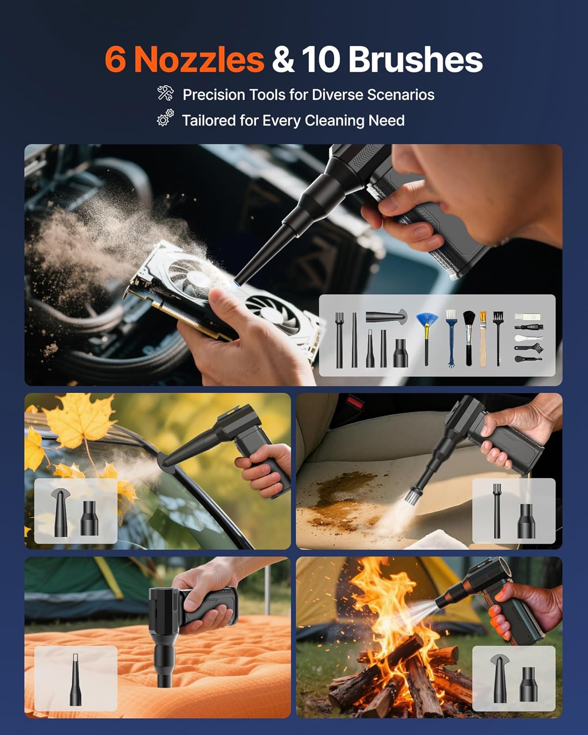 ZOAIVR Compressed Air Duster, 130,000RPM Ultra-Powerful Cordless Electric Air Duster with 8000mAh Rechargeable Battery, 4-Gear Adjustable Air Blower for Keyboard, Computer, Car, Home Cleaning