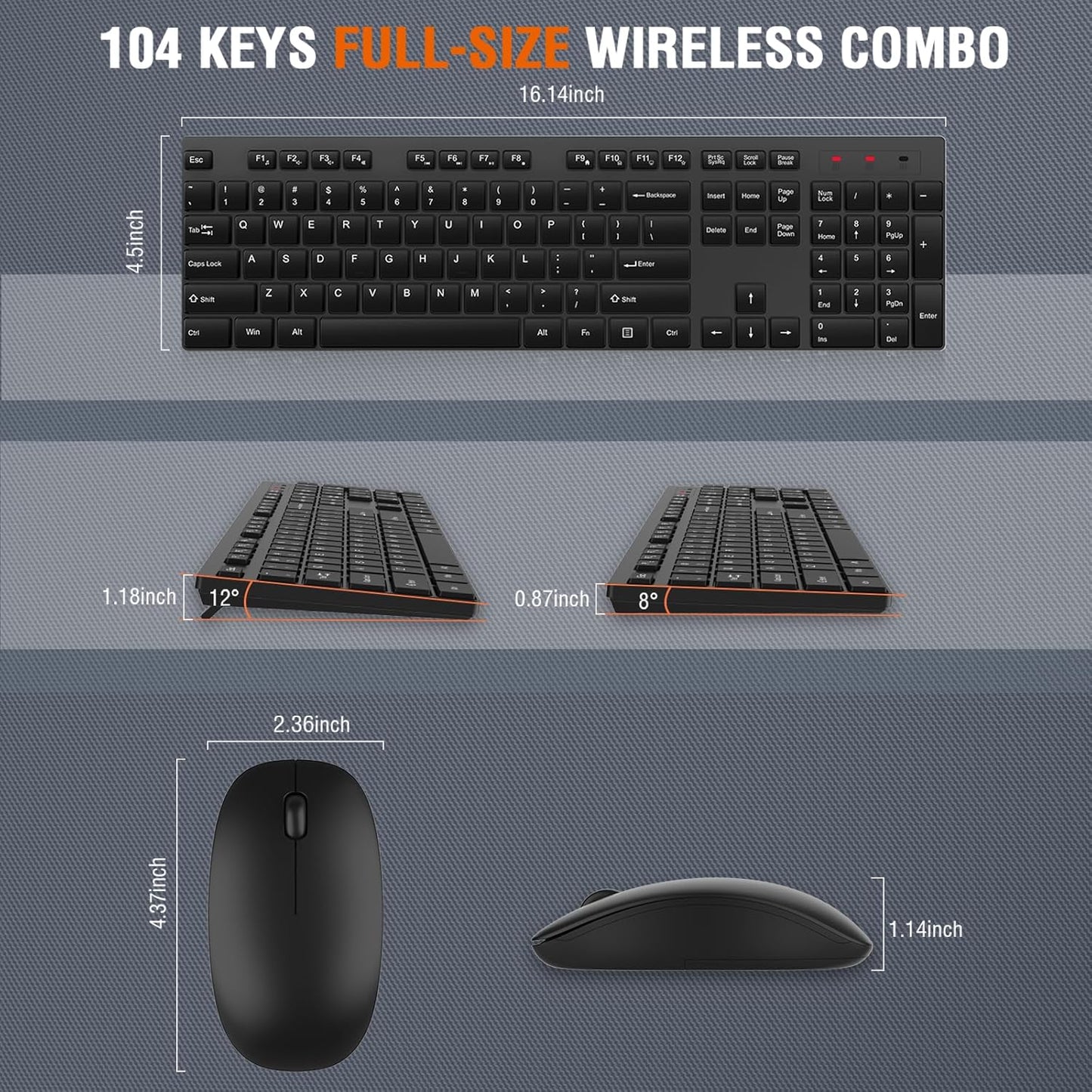 Wireless Keyboard and Mouse Combo, EDJO Silent Full Size Cordless USB Keyboard Mouse, 2.4GHz Lag-Free, Long Battery Life, for Computer, Laptop, PC, Chromebook, Windows (Black, 1 Pack)