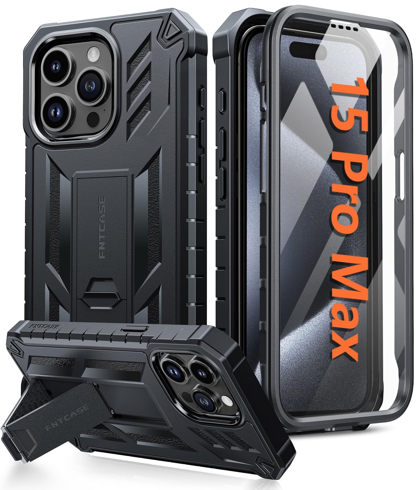 FNTCASE for iPhone 15-Pro-Max Case: Military Grade Drop Proof Rugged Protective Cell Phone Cover with Kickstand & Built-in Protector | Matte Textured Shockproof TPU Hybrid Bumper Cases (Black)
