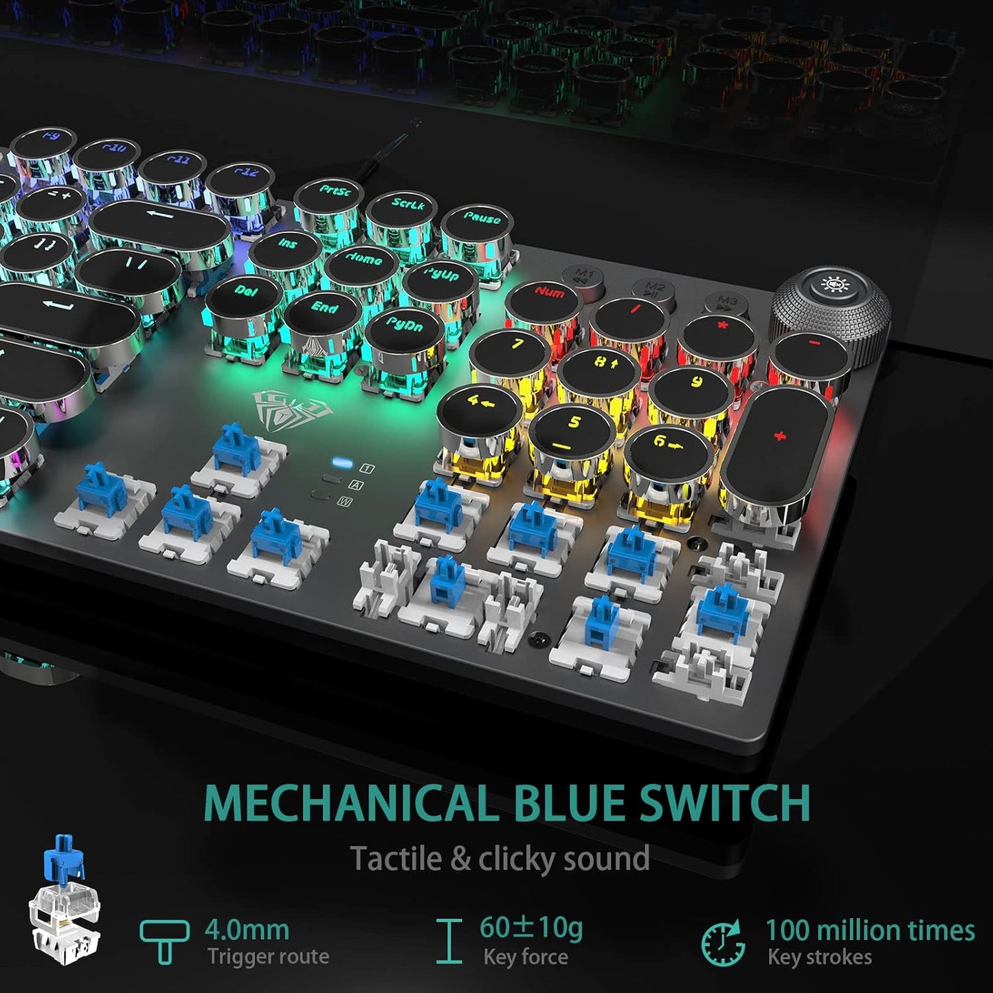 AULA F2088 Typewriter Style Mechanical Gaming Keyboard Wired,Blue Switches,Rainbow LED Backlit,Removable Wrist Rest,Media Control Knob,Retro Punk Round Keycaps,USB Wired Computer Keyboard