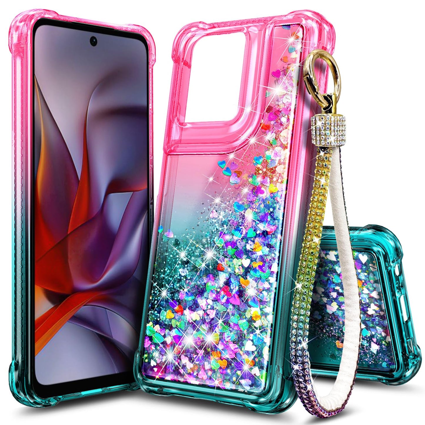 Designed for Motorola Moto G-2025/2026 & Moto G Play 2026 Case, Pink/Aqua | Bling Sparkly Glitter Floating Liquid Cute Phone Cover for Women Girls Kids with Diamond Wrist Strap Lanyard
