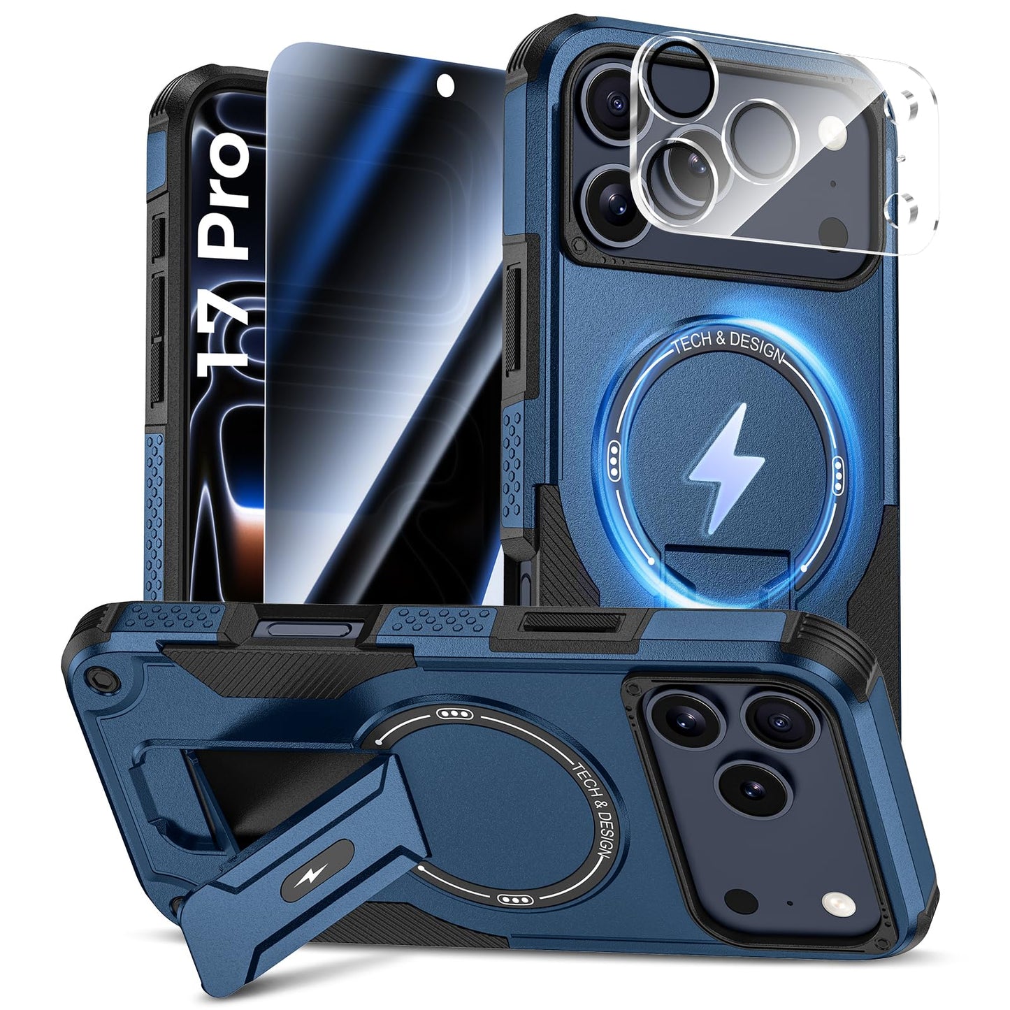 Goton for iPhone 17 Pro Case with Privacy Tempered Glass Screen Protector & Camera Lens Protector, Compatible with MagSafe, Invisible Kickstand, Shockproof Phone Cover, Blue