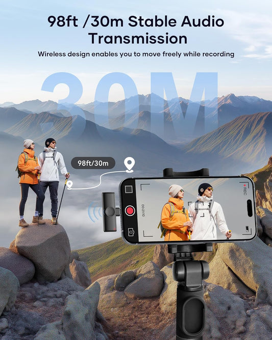 Wireless Microphone for iPhone iPad and Android Phone, 2 Pack Wireless Lavalier Lapel Mic with Noise Reduction, Plug and Play Mini Microphone for Video Recording Interview Podcast YouTube TikTok Vlog