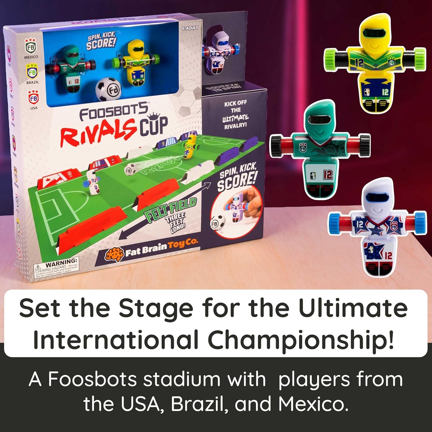 Fat Brain Toys Foosbots Rivals Cup, International-Themed Foosbots Soccer Game with Stadium, Active Skill Game for Kids, Tweens, Teens Ages 6+