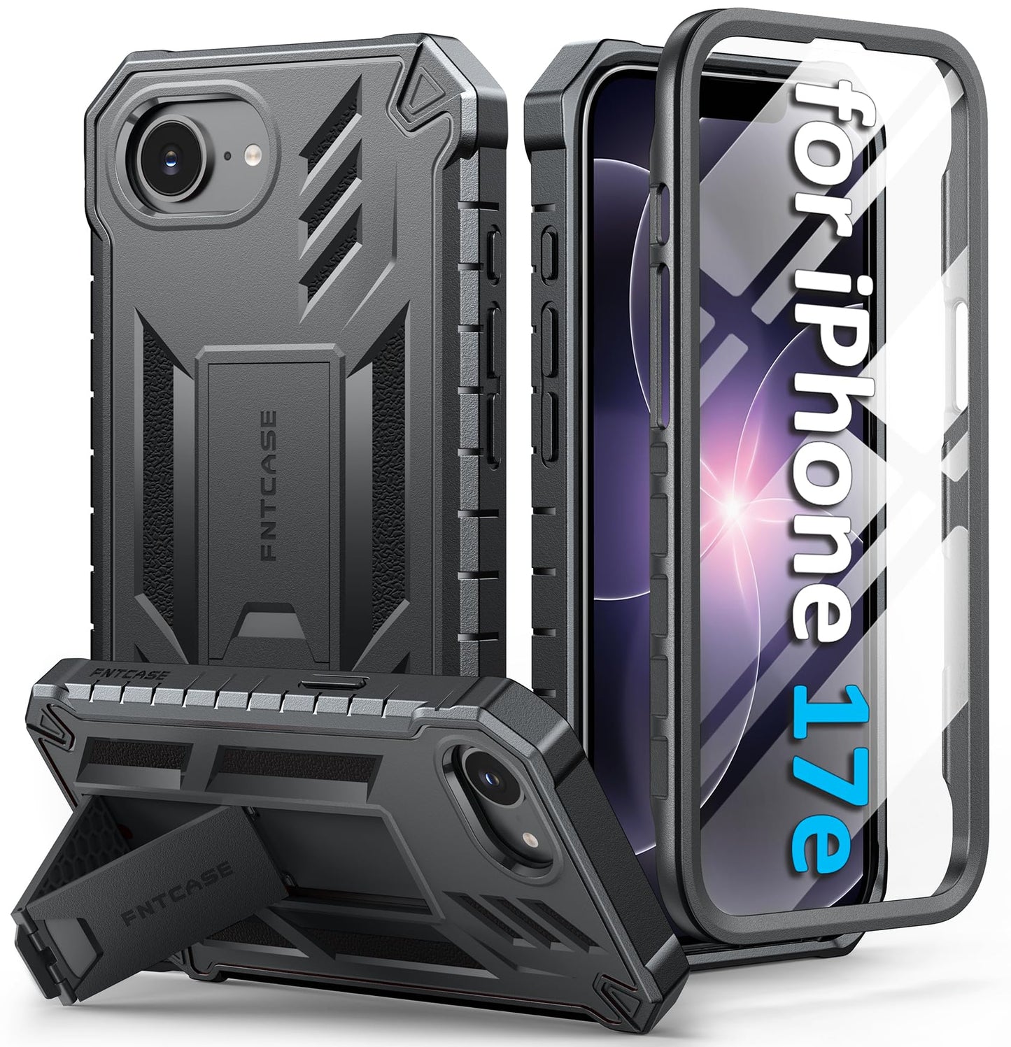 FNTCASE for iPhone 17e Phone Case: [Built-in Screen Protector & Kickstand] [Military-Grade Drop Protection] Heavy Duty Protective Full Body Shockproof TPU Rugged Protective Phone Cover Black