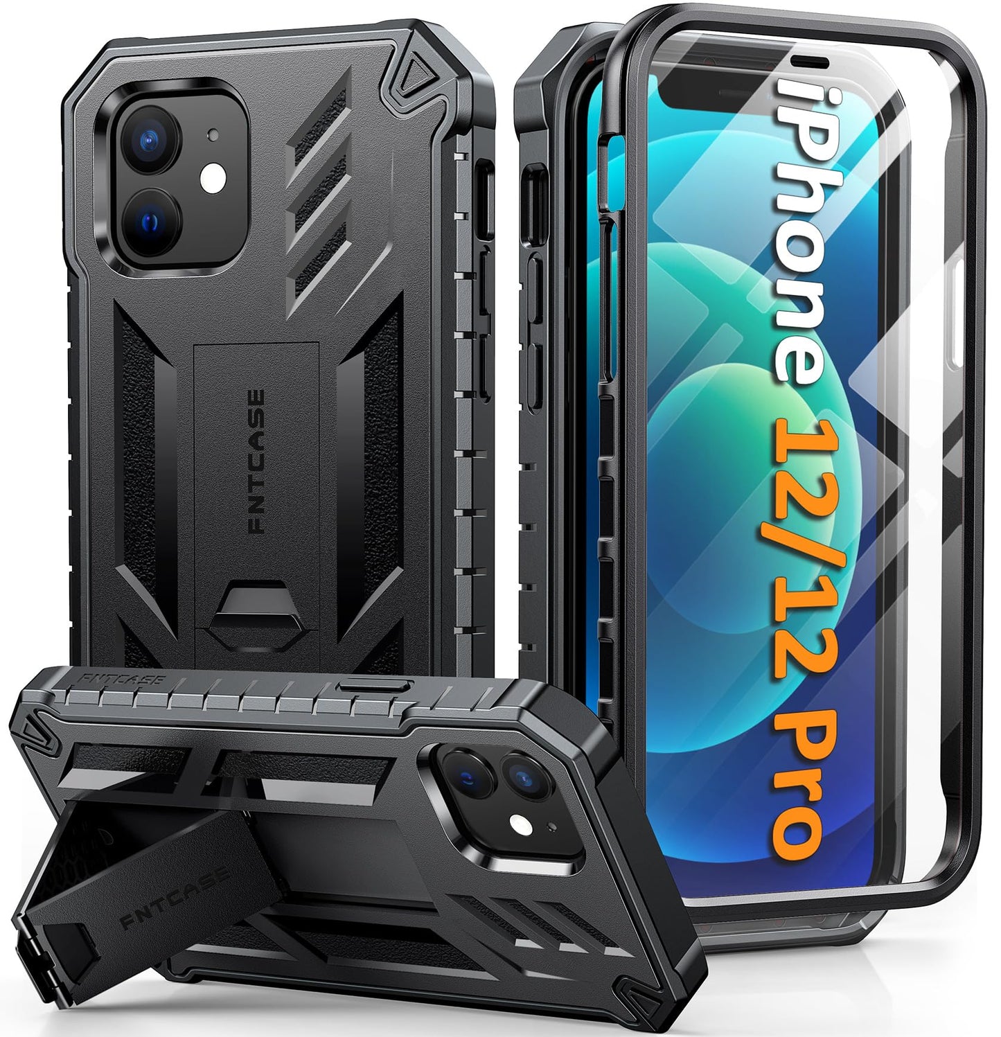 FNTCASE for iPhone 12 Phone Case: for iPhone 12 Pro Phone Case Military Grade Drop Proof Rugged Protective Cover with Kickstand | Matte Textured Shockproof TPU Hybrid Bumper Cases 6.1 inch - Black