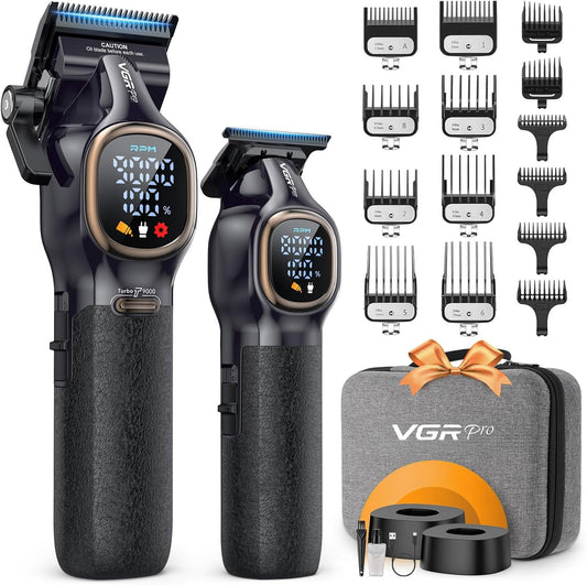 Professional Hair Clippers for Men, Professional Barber Clippers and Trimmer Set, Cordless Hair Clippers for Hair Cutting with Package Case, Powerful 9000 PRM Rechargable Electric (Black)