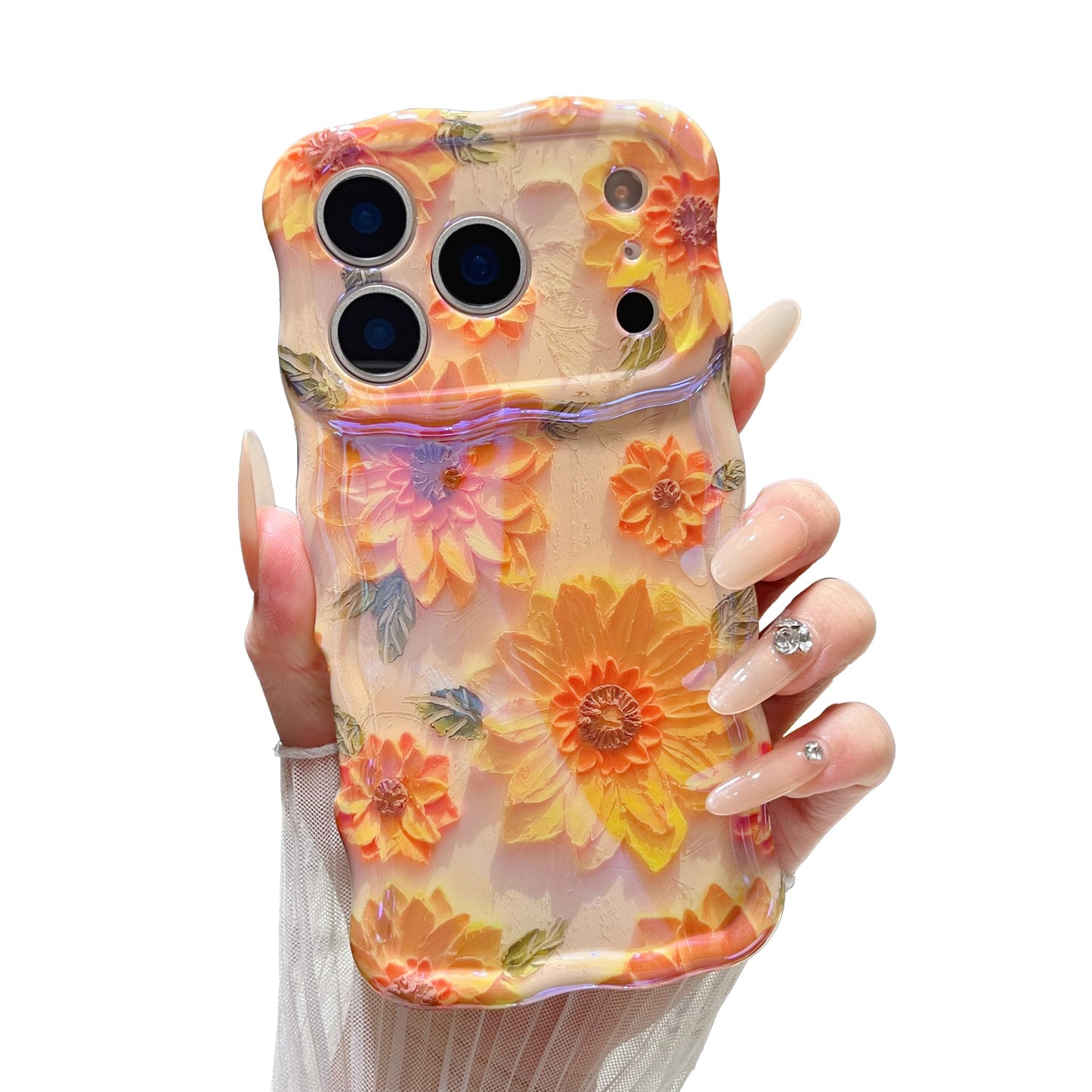 XIZYO Case for iPhone 17 Pro, Colorful Retro Oil Painting Flower Cute Floral Aesthetic Curly Wave Frame Laser Glossy Reflective Exquisite Stylish Protective Cover Women Girls-Sunflower/Yellow