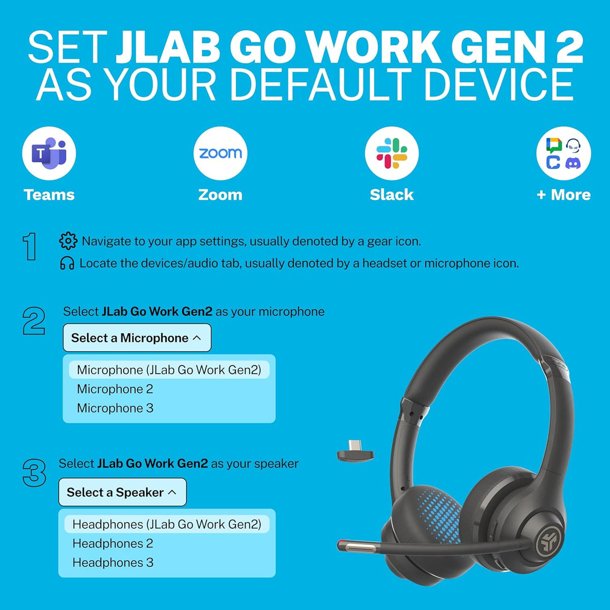 JLab Go Work Gen 2 Wireless Headsets with Microphone - 55+ Playtime PC ...