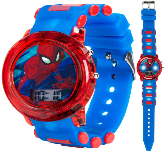 Marvel Spider-Man Kids' LCD Watch – Flashing LED Bullet Band, Digital Time Display, Red & Blue Design, Durable Plastic Case, Adjustable Silicone Strap – Fits Wrists 5.5" to 8"