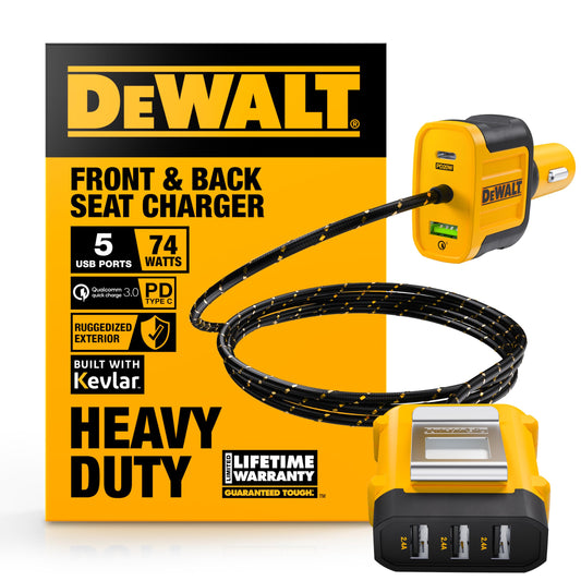 DEWALT Heavy Duty 72W 5 Port USB Car Charger Multiport, iPhone 17 Multi USB Car Charger, Fast Charge PD & QC3.0 Cigarette Lighter Adapter w/ 6FT Cable, Type C Front/Back Charging for Multiple Devices
