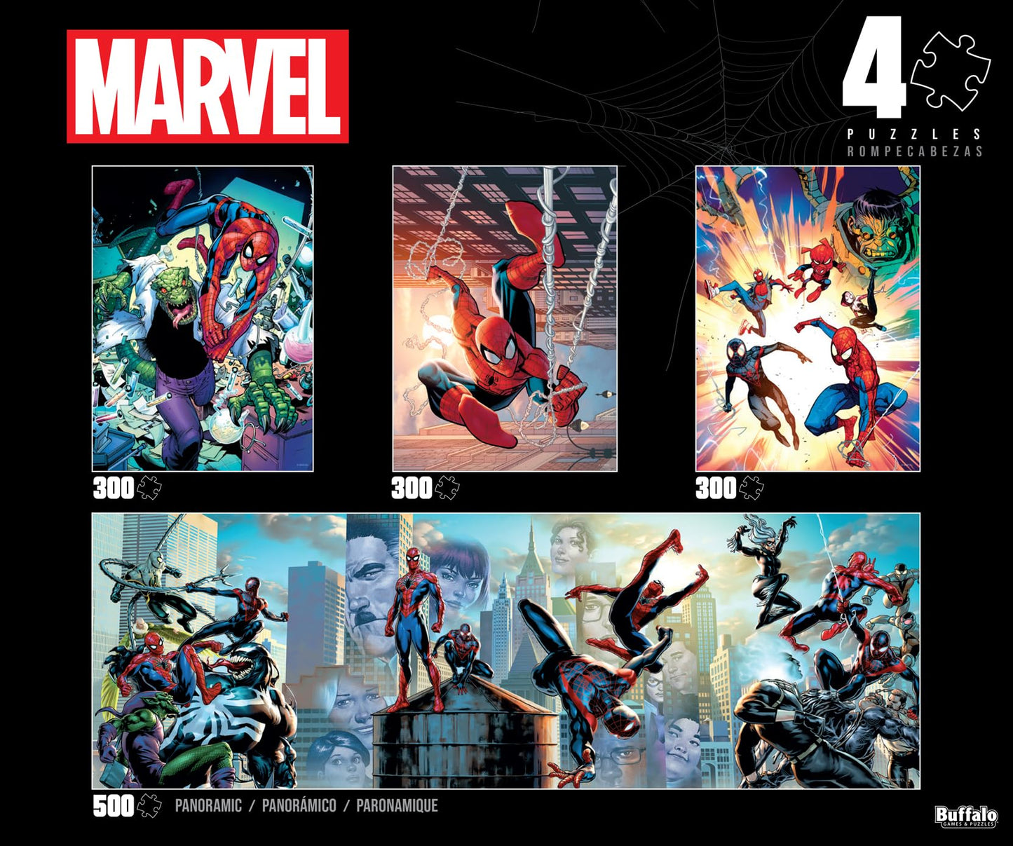 Buffalo Games - Marvel Spider-Man - 4 Pack, 300-500 Piece Jigsaw Puzzles | For Adults, Includes Poster, Recycled Board, Giftable, Frameable Art