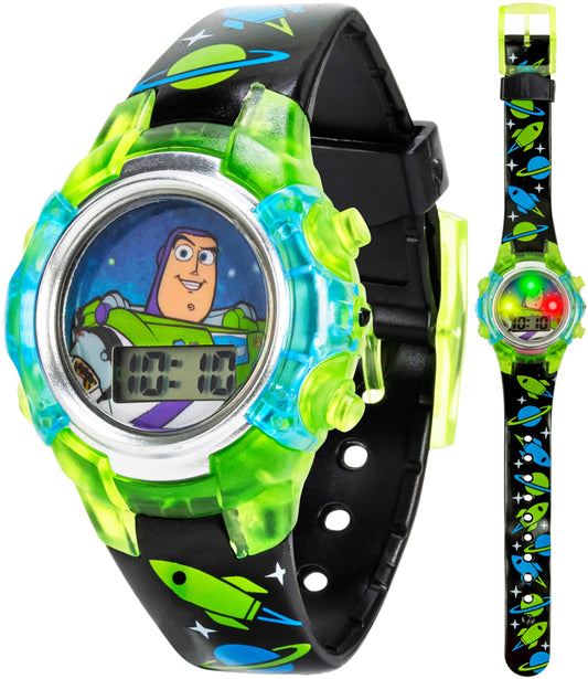 Disney Pixar Toy Story 4 Buzz Lightyear Kids Flashing LCD Watch with Colorful Light-Up Dial, Durable Case, Space-Themed Strap – Perfect for Ages 4+ Boys and Girls – Fits Wrists 5.5" to 8"