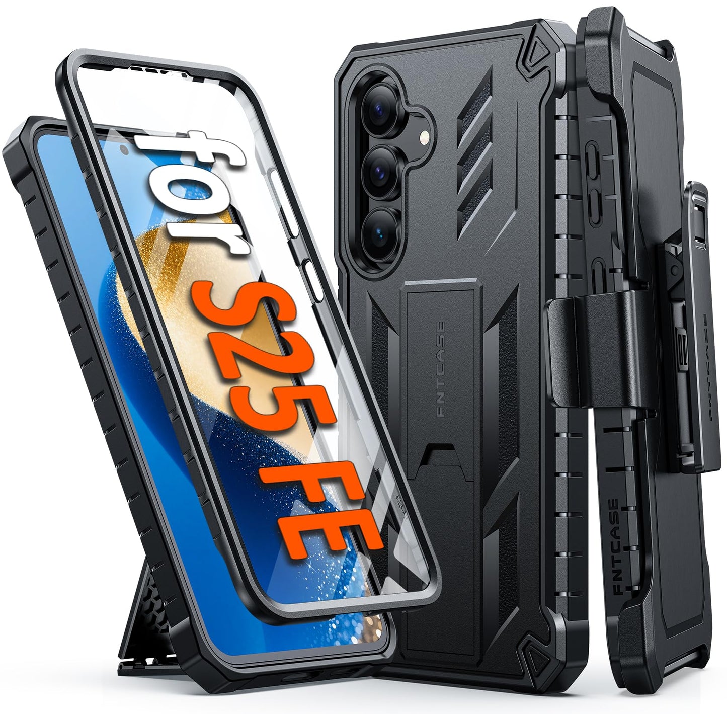 FNTCASE for Samsung Galaxy S25-FE Case: Military Grade Rugged Cell Phone Cover with Kickstand & Belt-Clip Holster | Shockproof Protection Bumper Matte Textured for Galaxy S25 FE Cases 6.7inch - Black