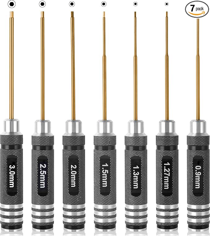 Professional RC Titanium Plated Ti Coated Hex Screwdriver Set - 7PCS Precision Hexagon Allen Kit (0.9-3.0mm) for RC Car, Drone, Helicopter, Durable RC Tool Kit