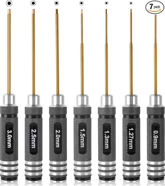 Professional RC Titanium Plated Ti Coated Hex Screwdriver Set - 7PCS Precision Hexagon Allen Kit (0.9-3.0mm) for RC Car, Drone, Helicopter, Durable RC Tool Kit