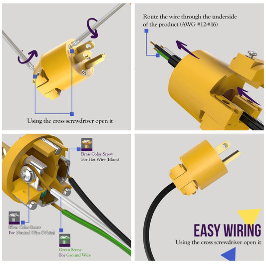 ENERLITES Electrical Replacement Plug & Connector Set, Extension Cord Ends Male and Female, 15 Amp 125 Volt, Straight Blade Plug Grounding Type, NEMA 5-15P & 5-15R, UL Listed, 66202-Y, Yellow, 5 Pack