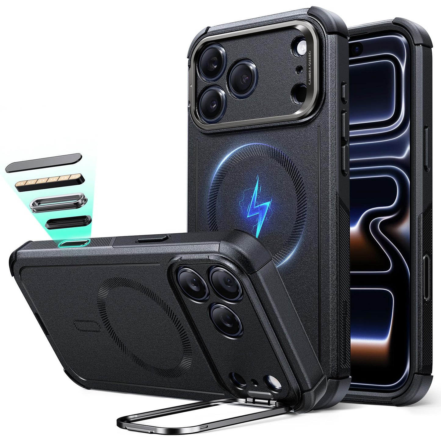 ESR for iPhone 17 Pro Phone Case with Stand, 23ft Military-Grade Drop Protection with Camera Control, Shock-Absorbing Rugged Cover, Compatible with MagSafe Accessories, Cyber Series, Black