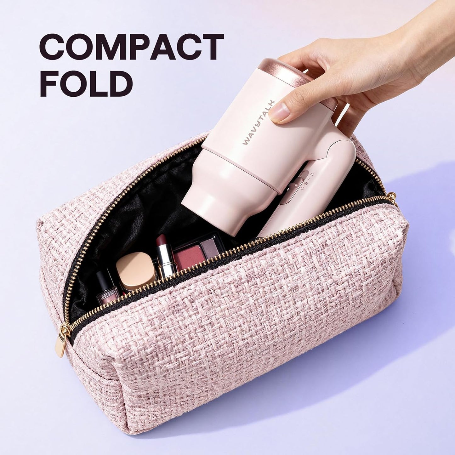 Wavytalk Blow Dryer with Diffuser, Mini Hair Dryer with Folding Handle, 1600W Quiet Lightweight Hairdryer with Diffuser Compact Design, Pinky White