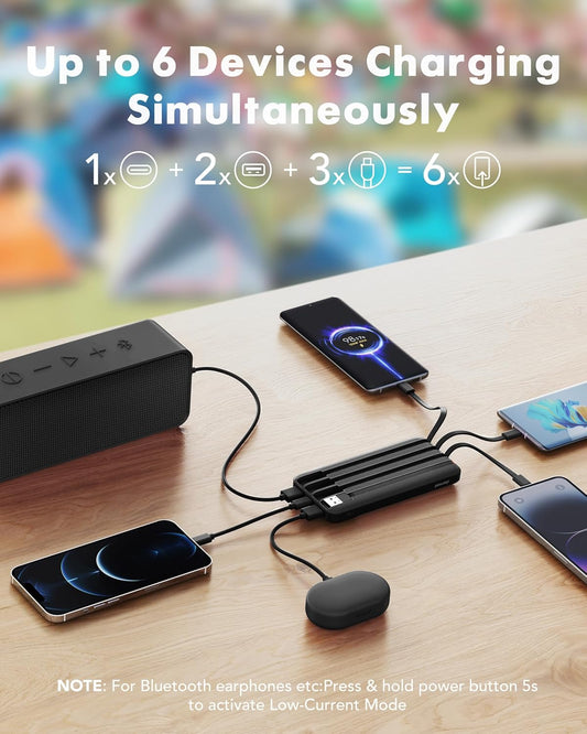 charmast 20000mAh Portable Charger with Built in Cables, 22.5W Travel Power Bank Fast Charging, USB C Cell Phone Battery Pack for iPhone 16/15/14/13/12/11 Series, iPad, Samsung, Android, Tablet