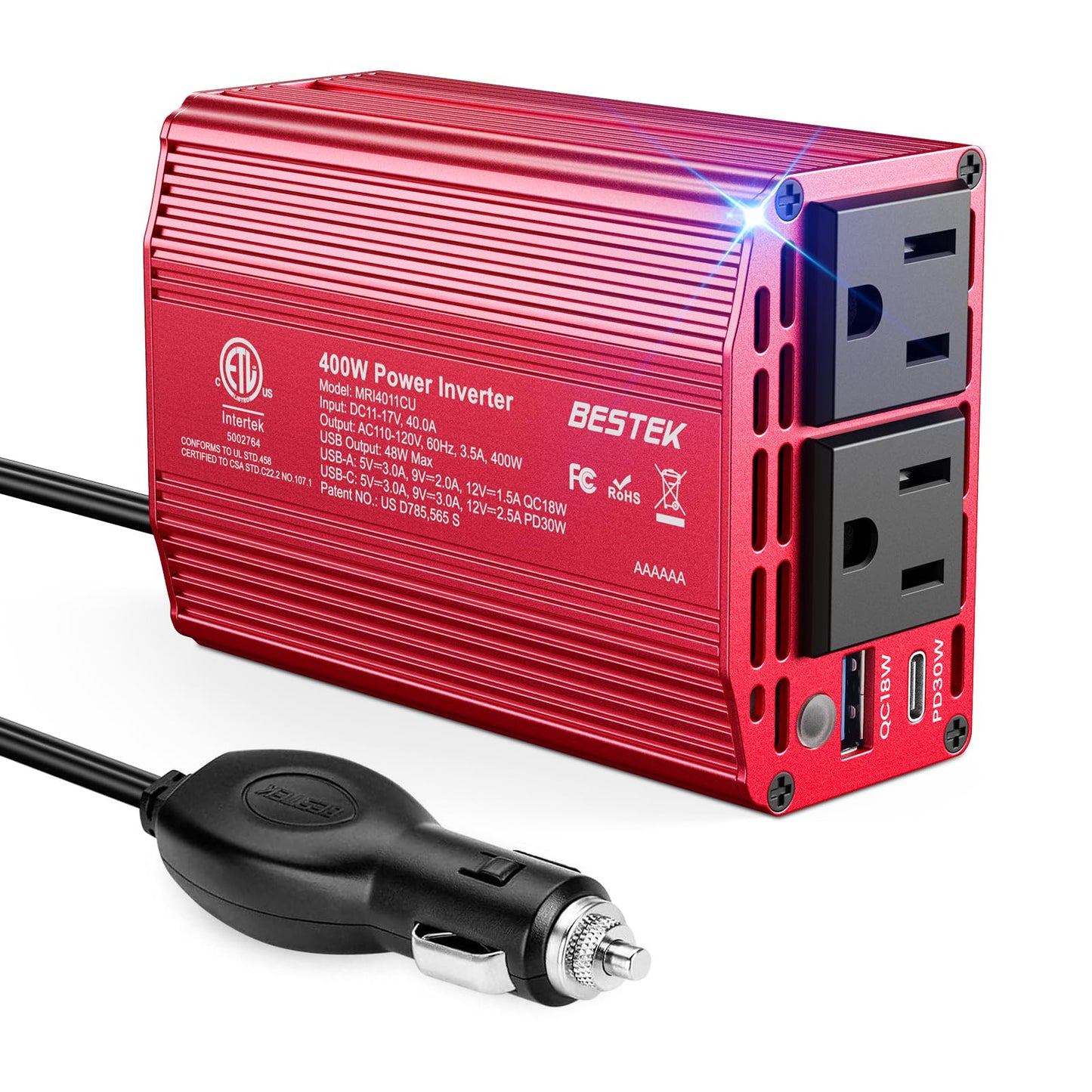 BESTEK 400W Car Power Inverter for Vehicles – DC 12v to AC 110v Car Plug Adapter Outlet with PD 30W USB-C &USB-A 3.0 Fast Charging, Car Charger Cigarette Lighter Adapter for Laptop, Road Trip, Camping
