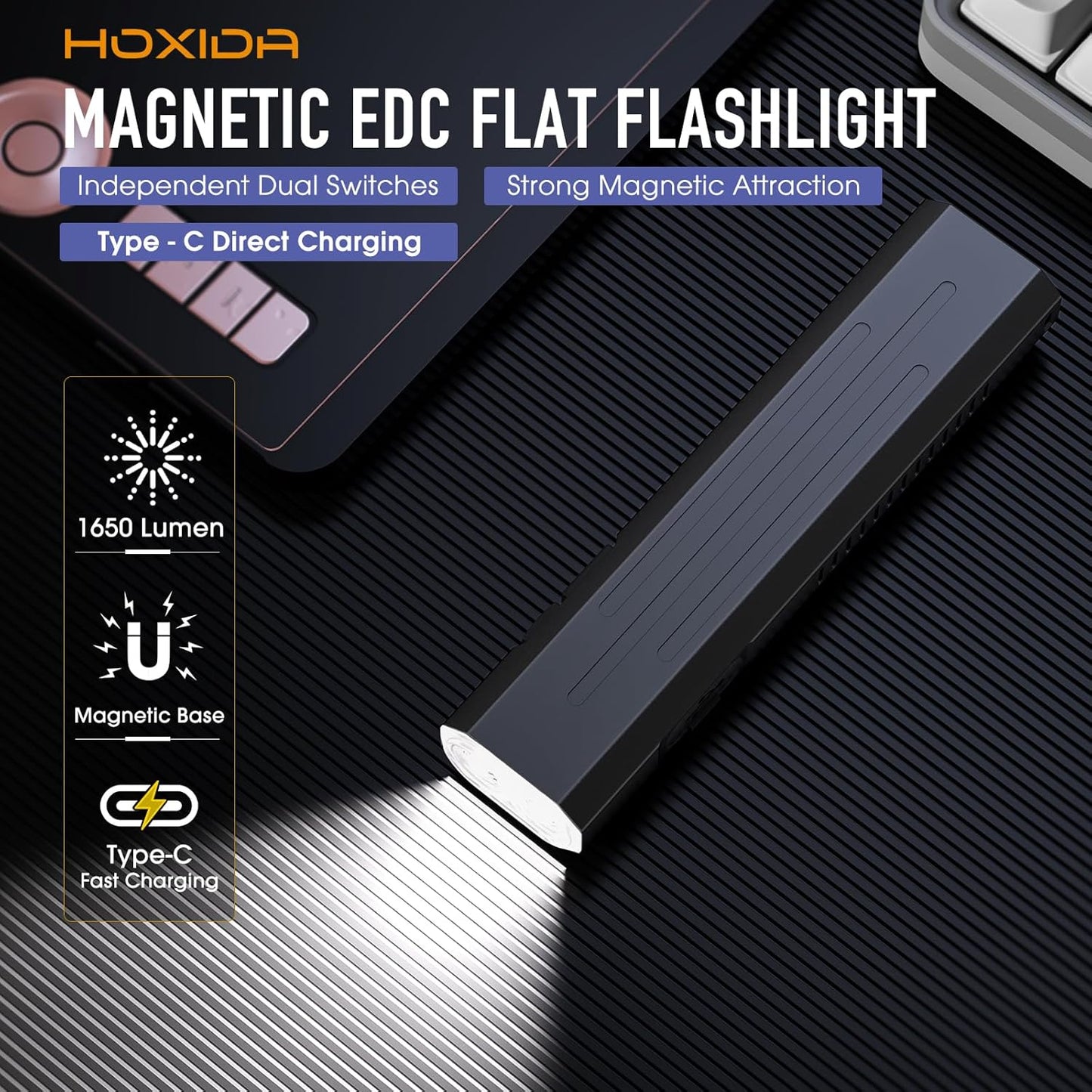 2pack Rechargeable EDC Flashlight - Emergency One Click Strobe Mode, 1600 High Lumens Portable Pocket light Mini Flashlight , Magnetic Small EDC Slim Flat Flashlight for Working Camping Repairing