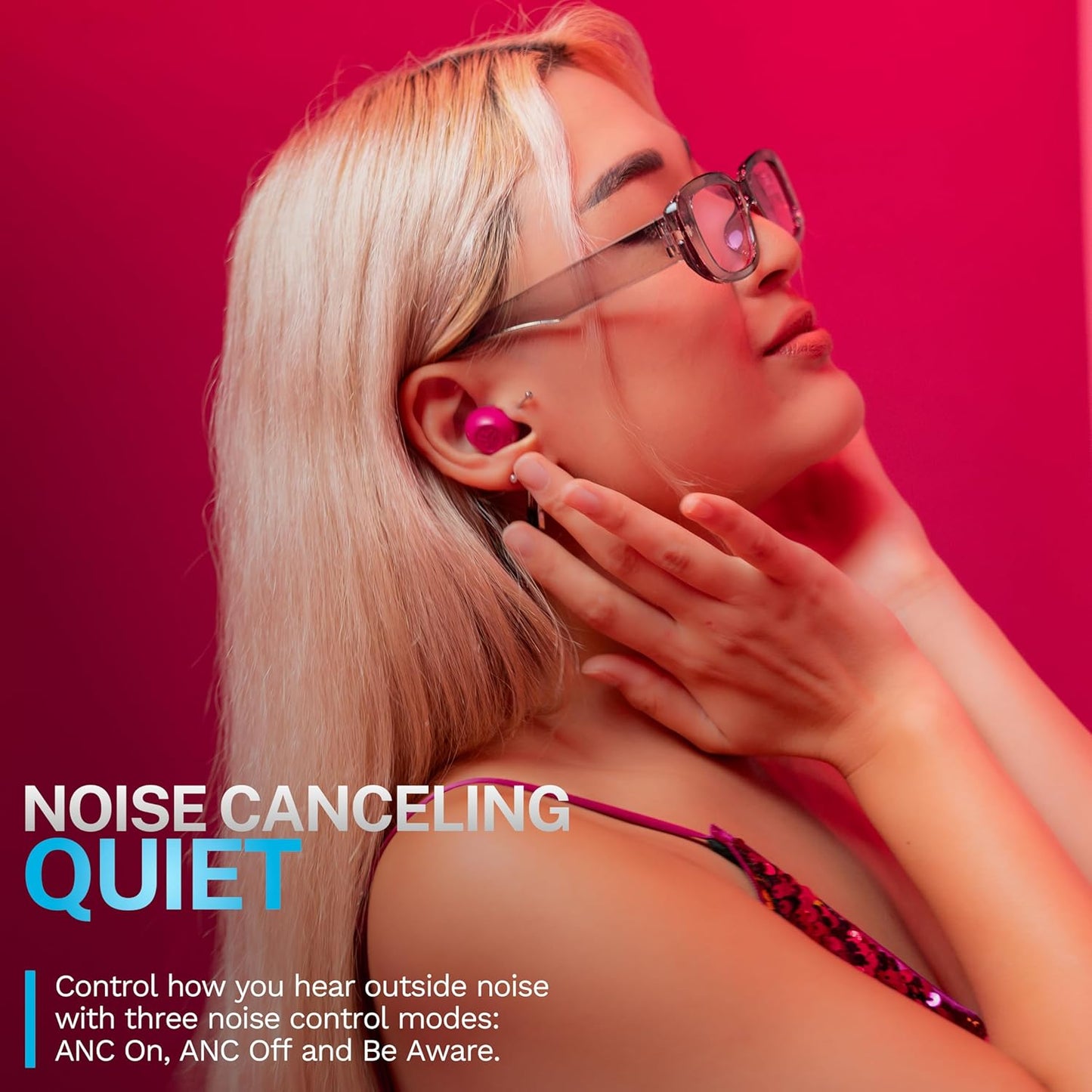 JLab Go Pop ANC True Wireless Earbuds & Charging Case, Fuchsia, Active Noise Cancelling, 10mm Drivers, Dual Connect, Customize Your Sound with App, Be Aware Mode, Compact Fit, MEMS Microphone