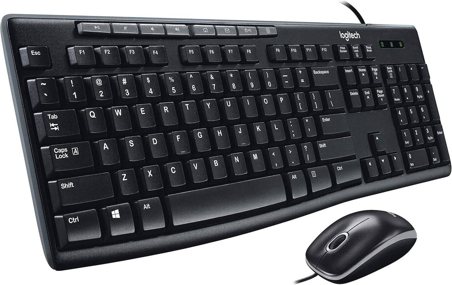 Logitech MK200 Media Combo Wired Keyboard and Mouse, Full-Size Keyboard with Easy-Access Media Controls, High-Definition Optical Mouse, Plug and Play USB Connection – Black