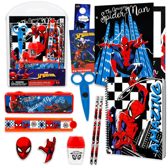Spiderman School Supplies for Boys Bundle w Pencils, Notebook, Folder, More | 10Pc Spider Man Back to School Essentials, Elementary Classroom Must Haves for Stationery, Organization Plus Tattoos, More
