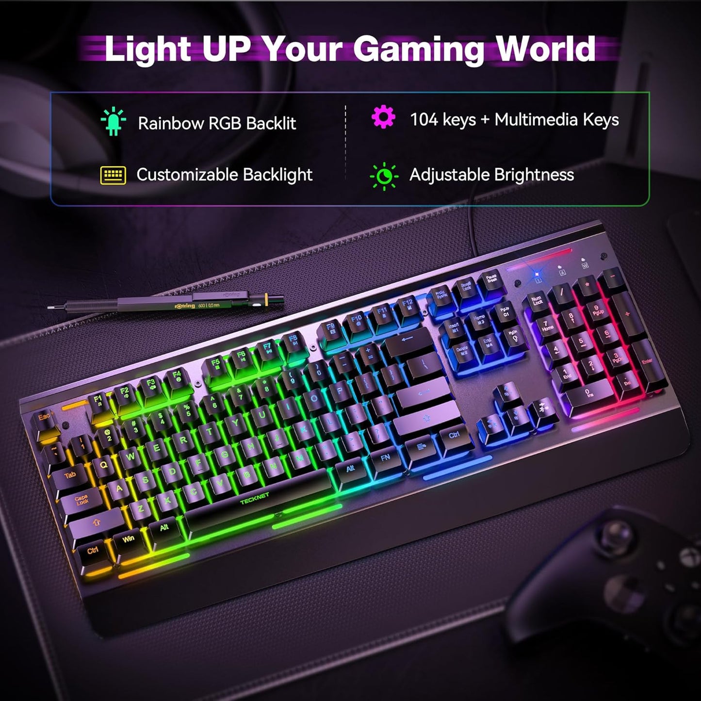 TECKNET Gaming Keyboard, USB Wired Computer Keyboard, 15-Zone RGB Illumination, IP32 Water Resistance, 25 Anti-ghosting Keys, All-Metal Panel (Whisper Quiet Gaming Switch)