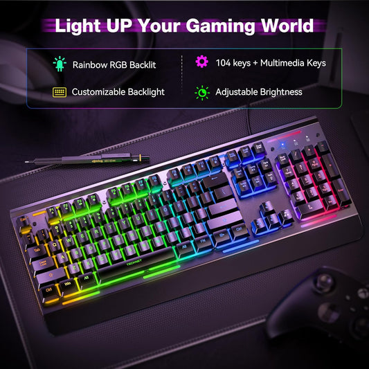TECKNET Gaming Keyboard, USB Wired Computer Keyboard, 15-Zone RGB Illumination, IP32 Water Resistance, 25 Anti-ghosting Keys, All-Metal Panel (Whisper Quiet Gaming Switch)