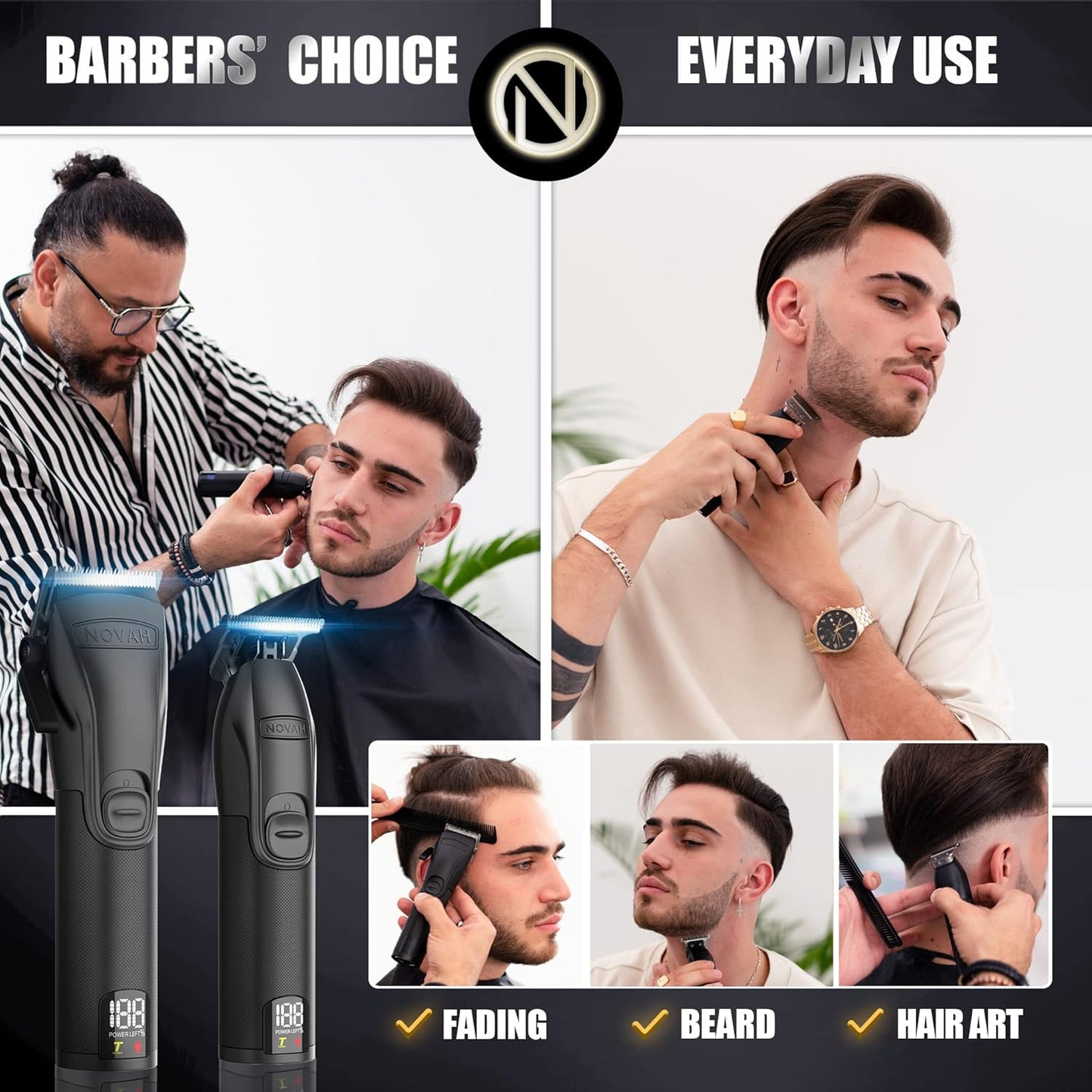 Novah Professional Hair Clippers for Men, Professional Barber Clippers and Trimmer Set, Mens Cordless Hair Clipper for Barbers Haircut Kit Fade