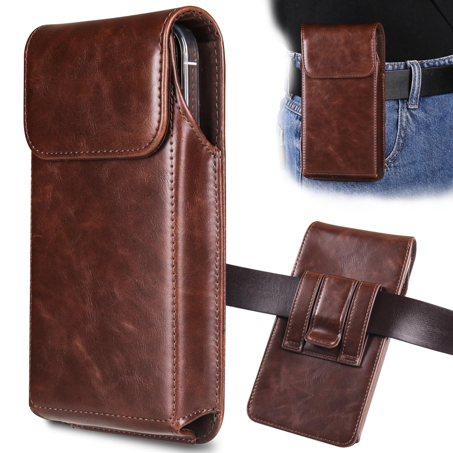 Holster for iPhone 17, 17 Pro, 16, 16 Pro, 15, 15 Pro, 14, 14 Pro, 13, 13 Pro, 12, Galaxy S26, S25, S24, Premium Leather Pouch with Belt Clip Phone Holster Belt Case, Coffee -M