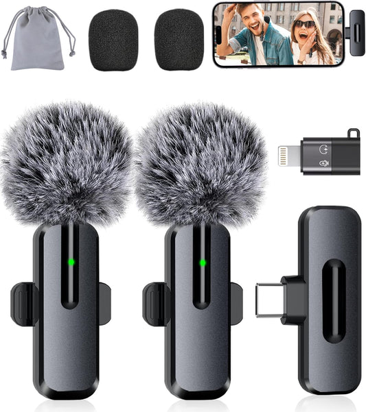 Wireless Mini Microphone for iPhone - 2 Pack Lavalier Microphone for Video Recording, 2 In 1 Noise Reduction Lapel Mic for Ipad, Android,Clip-on Mini Mic with USB-C for Content Creators Podcast