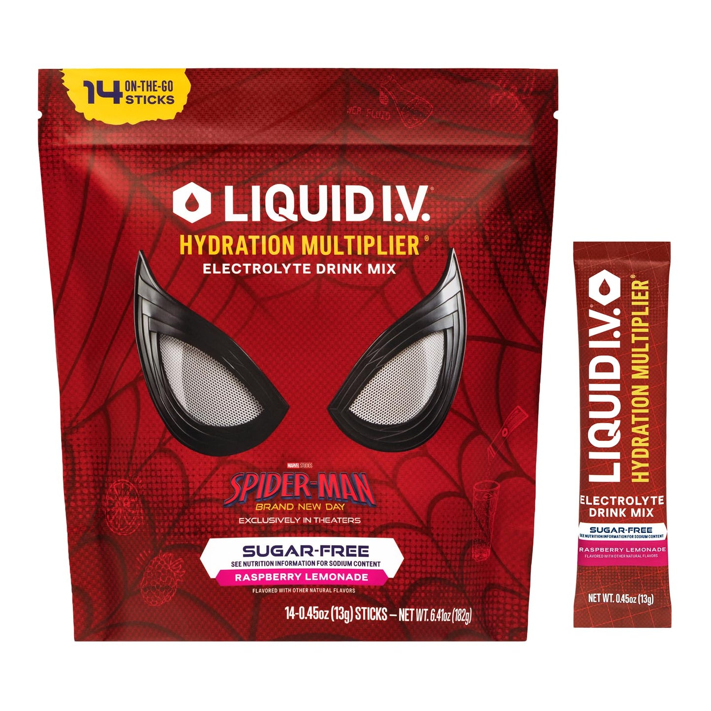 Liquid I.V. Sugar Free Electrolyte, Spider-Man Raspberry Lemonade, 14 Count | Scientifically Formulated | Clinically Proven Hydration | Zero Sugar | No Artificial Sweeteners | Non-GMO | Powder Drink Mix