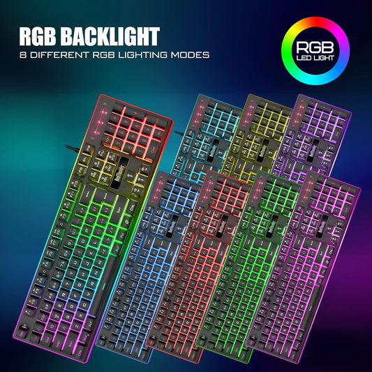 RedThunder K10 Wired Gaming Keyboard and Mouse and Wrist Rest Combo, RGB Backlit, Mechanical Feel Anti-ghosting Keyboard + 7D 7200 DPI Mice+Soft Leather Wrist Rest 3 in 1 PC Gamer Accessories(Black)