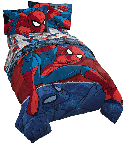 Marvel Spiderman Twin Comforter Set 4 Piece Kids Bedding for Boys, Multi | Bed in a Bag, Comforter Sheets Pillowcase, Official Product, Soft Microfiber, Machine Washable, Easy Care, Boys Gift