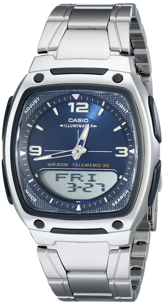Casio AW81D Series | Watches for Men | Analog Digital Watch | Silver Stainless Steel | 1/100 SEC Stopwatch | Countdown Timer | World Time | LED Light | 50M WR | Multi Alarm | Calendar | 10 Yr Batt
