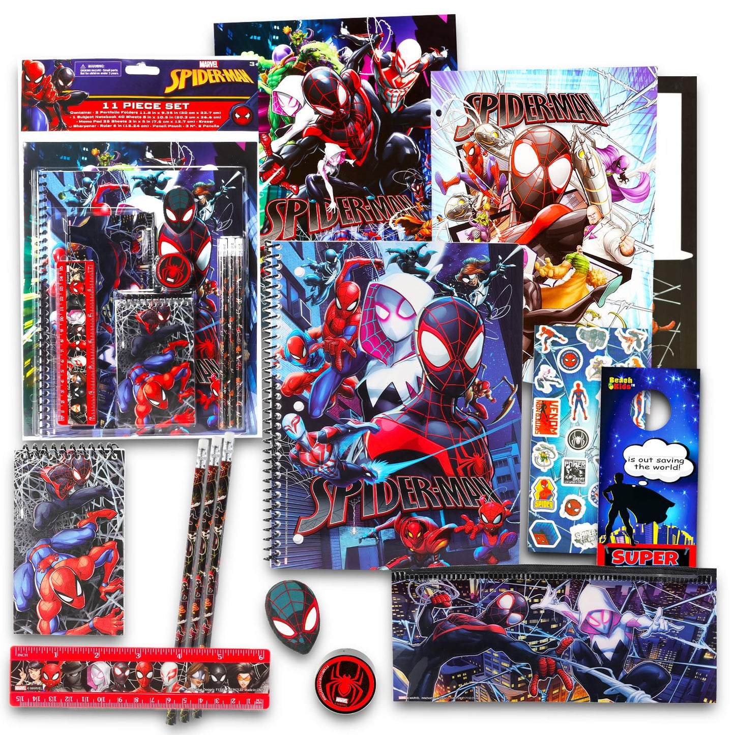 Spiderman School Supplies for Boys Bundle w Notebook, Folder, Pencils, More | 11Pc Spider Man Back to School Essentials, Elementary Classroom Must Haves for Stationery, Organization Plus Stickers, More