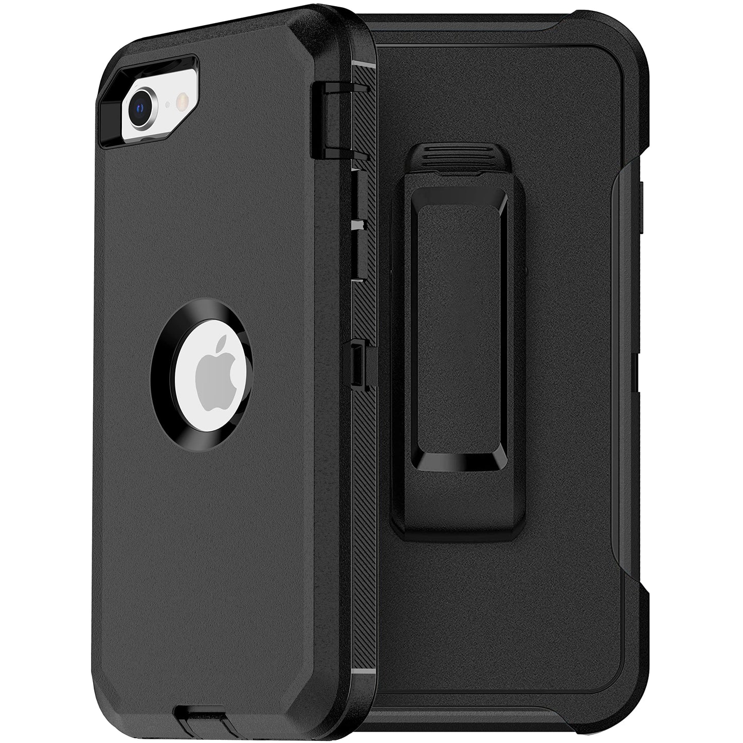 MXX Case Designed for iPhone SE 2020 / SE 2022 Heavy Duty Protective Case with Screen Protector [3 Layers] Rugged Rubber Shockproof Protection Cover & Rotating 360 Degree Belt Clip (Black)